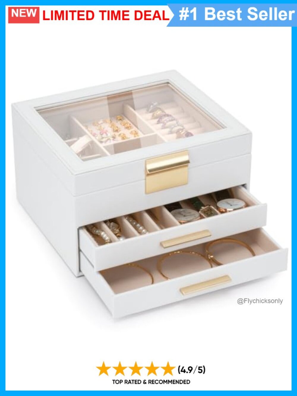 3-Layer Jewelry Box Organizer PU Leather Clear Glass Lid Drawers